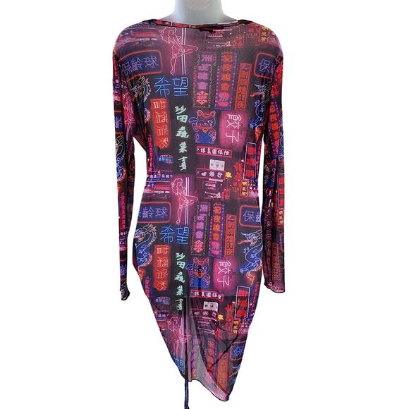 Missguided Hong Kong Scenic Nightlife Mesh Bodycon Dress 10 Gathered Tie Hem - Picture 8 of 9